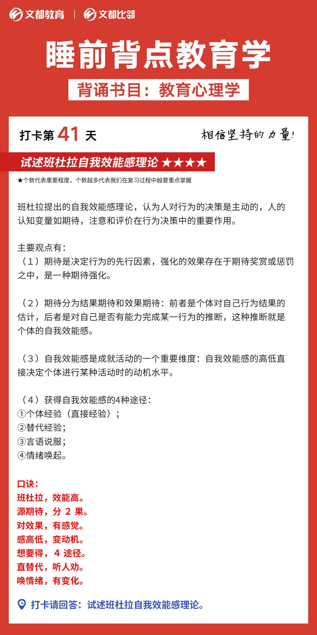 睡前背點教育學之文都考研：試述班杜拉自我效能感理論